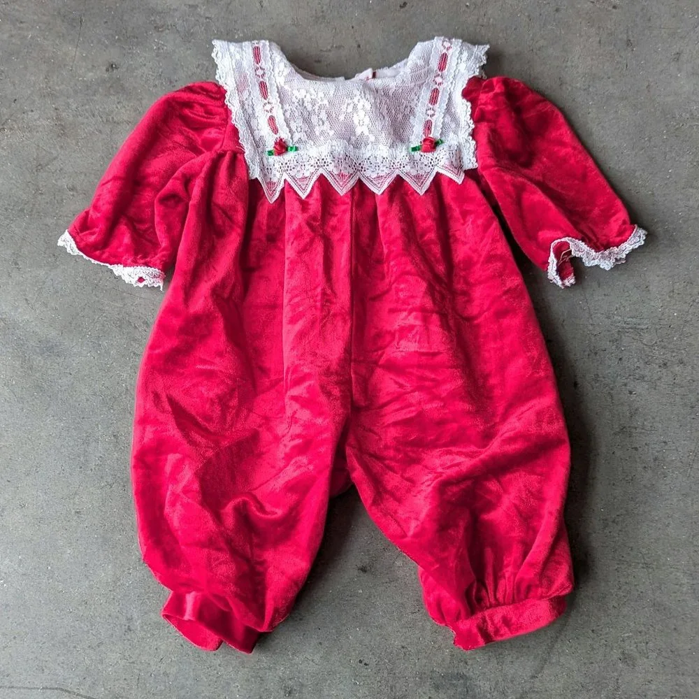 Vintage 80s Christmas One-Piece Romper Red Velour Lace Yoke Holiday size 6-9M